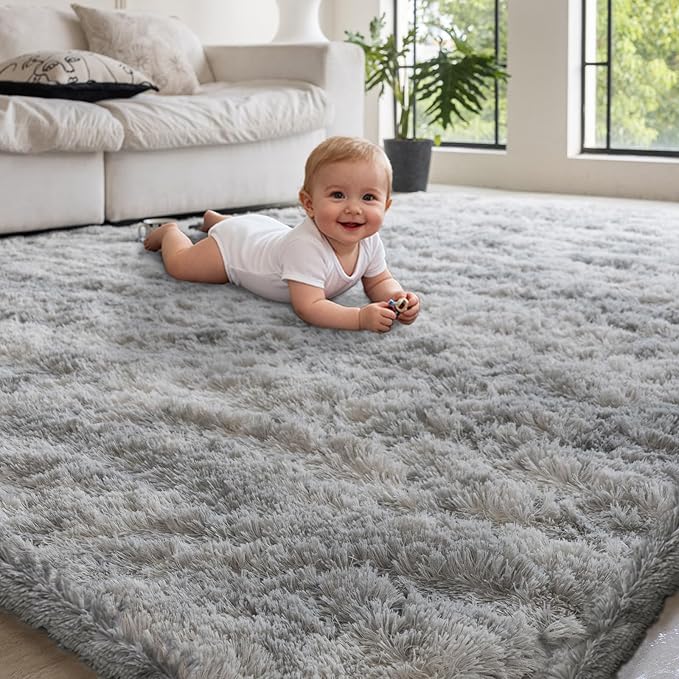 5x7 Area Rugs for Living Room Bedroom, Soft Fluffy Shaggy Bedside Rug, Indoor Floor Carpet for Kids Playroom, Dorms, Nursery Rooms, Home Decor (Tie-Dyed Light Grey 5'x7')