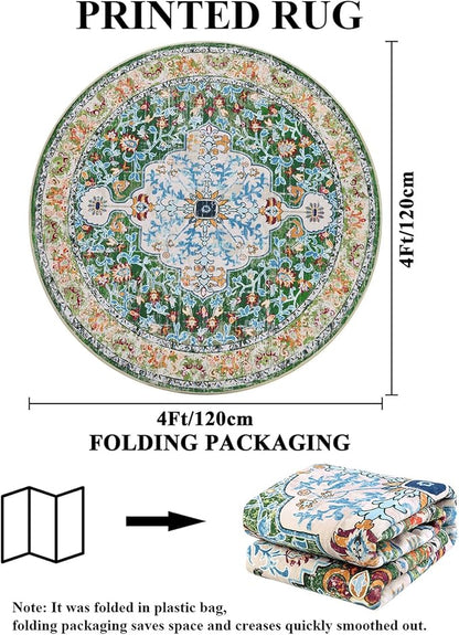 U'Artlines Boho Round Vintage Area Rug 4ft Machine Washable Low Pile Soft Floor Carpet Non Slip Non Shedding Accent Rug for Living Room Bedroom Entryway Dining Room Office Green