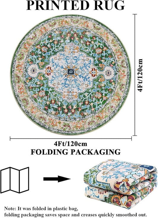 U'Artlines Boho Round Vintage Area Rug 4ft Machine Washable Low Pile Soft Floor Carpet Non Slip Non Shedding Accent Rug for Living Room Bedroom Entryway Dining Room Office Green