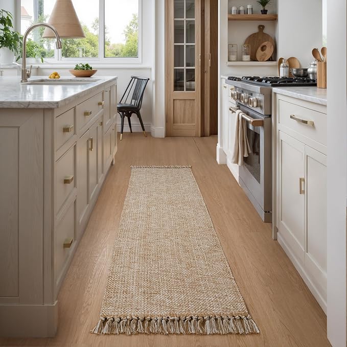 Collive Boho Runners for Hallways 2x7 ft, Washable Kitchen Runner Rug Low-Profile Neutral Indoor Entryway Rug, Tan/Cream Braided Cotton Floor Carpet for Laundry Room Bedroom Doorway