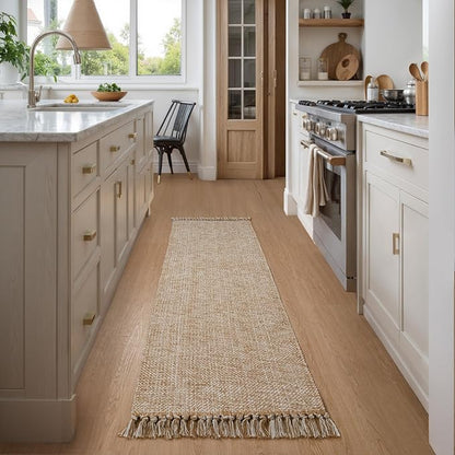 Collive Boho Runners for Hallways 2x7 ft, Washable Kitchen Runner Rug Low-Profile Neutral Indoor Entryway Rug, Tan/Cream Braided Cotton Floor Carpet for Laundry Room Bedroom Doorway