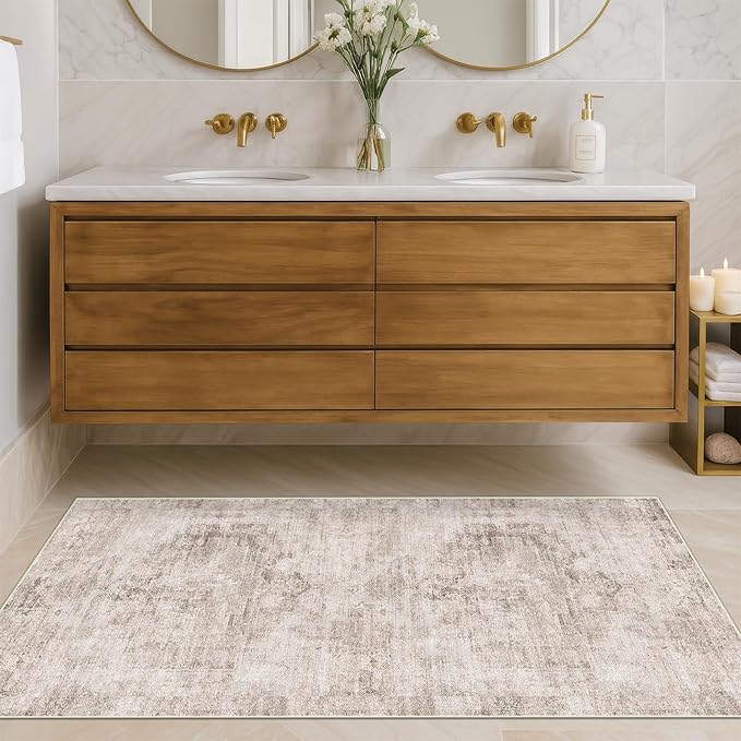 Washable Non Slip Stain Resistant 2x5 Runner Rug for Bathroom, Kitchen, Laundry Room, Bedroom Beside Bed, Unique Tan Distressed Abstract Eclectic Runner Décor, Beige Brown