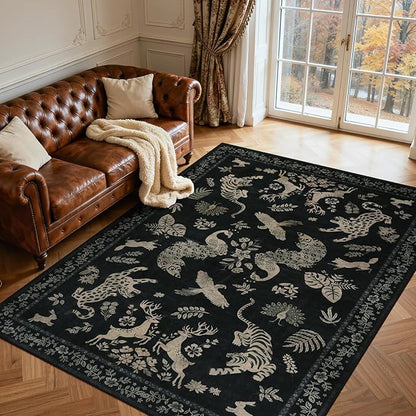 Moynesa Vintage Animal Washable Area Rugs 8x10, Retro Black Gold Area Rug for Living Room Bedroom Dining Room Office Study, Low Pile Soft Non Slip Stain-Resistant Carpets for Home Decor
