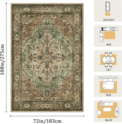 6x9 Machine Washable Area Rug for Living Room, Brown Green Boho Vintage Floral Rug Large Non-Slip Low Pile Soft Faux Wool Carpet, Kids and Pets Friendly for Bedroom Dining Room Farmhouse Decor Rug