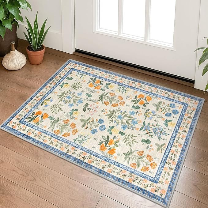 Boho Entryway Rug 2x3 Washable, Garden Yellow-Green Floral Kitchen Rug, Super Thin Faux Wool Small Area Rug, Non-Slip Soft Carpet for Foyer, Bedroom, Office