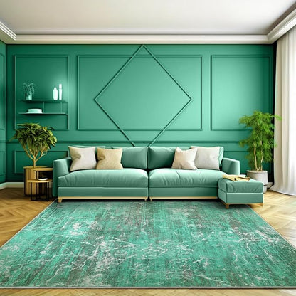 Abstract Green 5x7 Area Rug, Modern Teal Throw Rugs for Living Room, Washable Soft Large Non-Slip Accent Carpet Floor Mat for Dining Room Office Bedroom - Turquoise