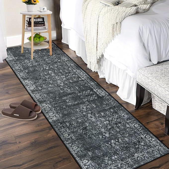 Morebes Black Vintage Rug Runners for Hallway, 2.5x8 Washable Floral Entryway Runner Rug Non Slip, Distressed Indoor Floor Carpet Runner for Kitchen Bathroom Laundry Room Bedroom