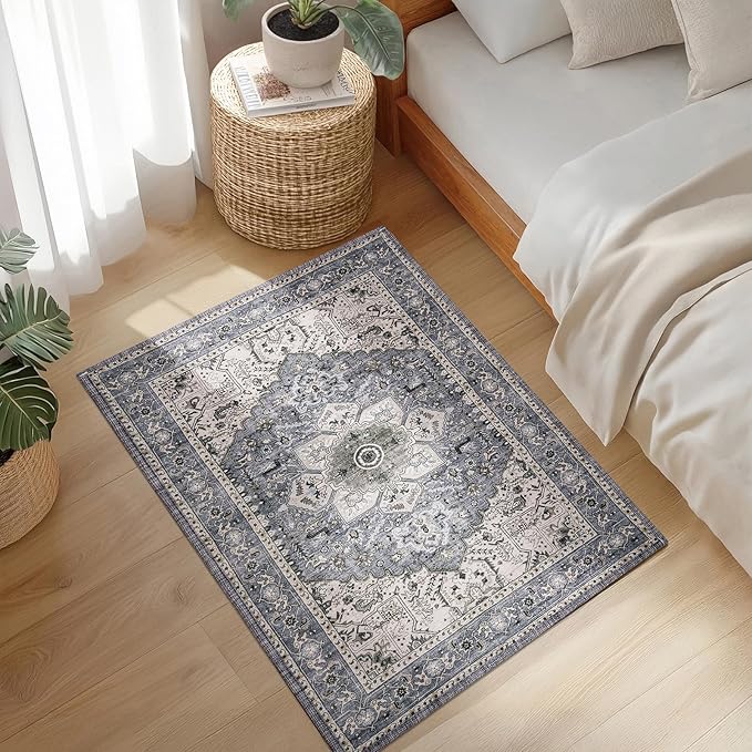 PURRUGS Vintage Farmhouse Boho Throw Rug 2x3 ft, Non-Slip Machine Washable Rug, Accent Oriental Area Rug for Entryway, Kitchen, Bedroom, Living Room and Dining Room, Periwinkle Gray/Soft Ivory