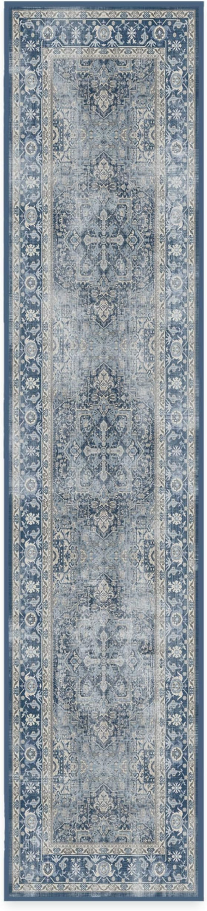 RUGGABLE Washable Vintage Runner Rug – Kamran Admiral Blue 2.5x12, Stain-Resistant, Non-Slip Hallway Runner – Machine Washable Rug for Hallway, Entryway, Living Room & Kitchen–with Standard Pad