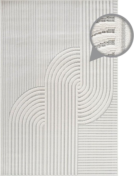 CAMILSON Modern Rug 8x10 Luxury Swirl Curved Micro Loop Area Rugs Soft High-Low Pile Stain Resistant Easy to Clean Non-Shedding Durable Living Room Bedroom Indoor Carpet (White)