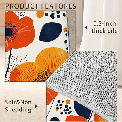 Boho Orange Flowers Autumn Carpet for Living Room, 3x5 Non-Slip Washable Low Pile Abstract Design Rug, Space Saving Area Rug for Bedroom, Dining Room