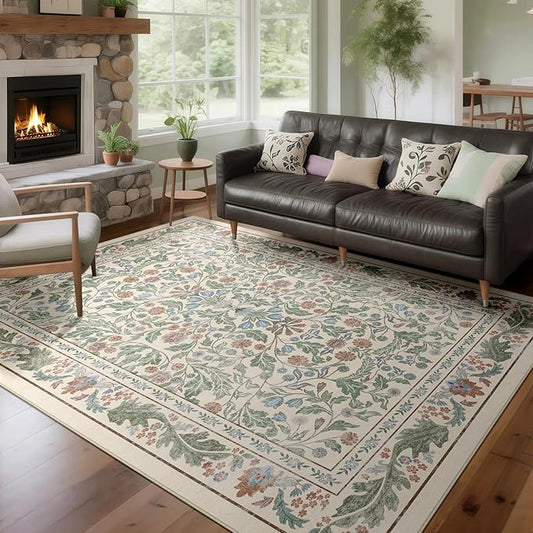 Beige Floral 5x7 Area Rugs for Living Room Large Washable Rug Vintage Forest Low Pile Non Slip Stain Resistance Soft Carpet for Dining Room, Bedroom, Office Rug, Kids Room, Nursery Room, Playroom
