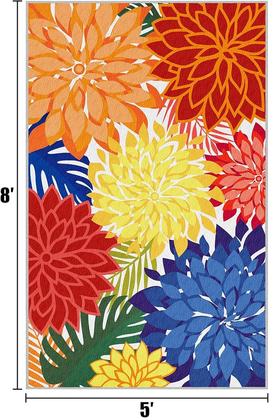 Colorful 5x8 Outdoor Area Rug Washable Multicolored Patio Rug Tropical Botanical Floral Chenille Waterproof Outdoor Carpet for Living Room, Deck, Backyard, Porch, Rainbow