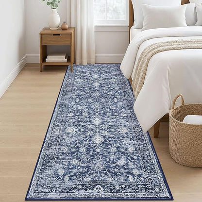 KILOCOCO Hallway Runner 2.6x8 Rug Runner Printed Vintage Floral Washable Kitchen Runners Non-Slip Rubber Backed Runners for Hallways Laundry Room Distressed Boho Rugs for Entryway Bedroom, Blue