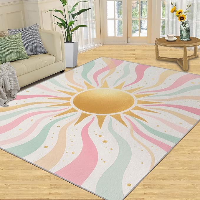Boho Sun Area Rugs 4x5ft, Minimalist Sunburst Kids Play Rug, Abstraction Deco Throw Rugs Bedroom Fluffie Soft for Coffee Shop Living Room Under Table Game Room
