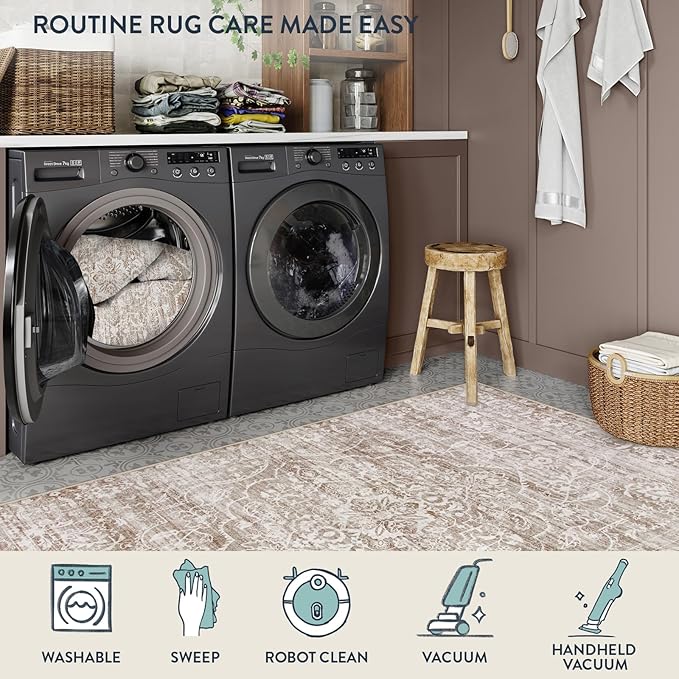 Lahome 4x6 Area Rug Living Room - Washable Office Rug Soft Dorm Rugs for Bedroom Non-Slip Ultra-Thin,Neutral Boho Print Farmhouse Indoor Rug for Entryway Classroom Taupe, 4'x6'