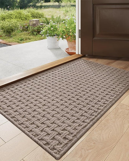 DEXI Front Entryway Door Mat Non Slip 17x30, Washable Entry Way Mats Inside Entrance Low Profile, Welcome Doormat Dirt Trapper for House Floor Home Porter Hall Backdoor Area, Light Taupe