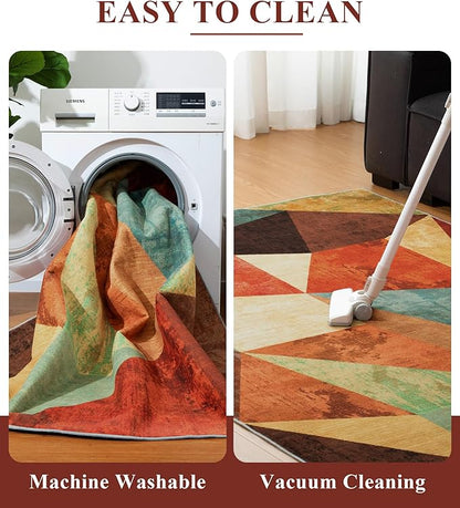 YIHOUSE Brown Area Rug 5x7,Geometric Burnt Orange Area Rug Non Slip,Farmhouse Rugs Washable,Vintage Burgundy Carpets for Bedroom, Boho Rug for Kitchen,Dining Room