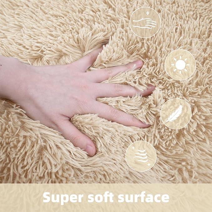 2x6 Solid Fluffy Camel Area Rug – Washable, Durable, Small Bedroom Runner Rug, Non-Slip Shag Rugs for Living Room, Bedroom, Bedside, Dorms, Kids Room, Sofa Coffee Table, Indoor Floor Carpet