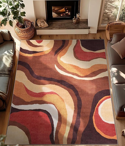 YIHOUSE Burnt Orange Rug 8x10 Washable,Alfombras para Salas,Farmhouse Brown Retro Carpets,Geometric Abstract Wavy Rug for Living Room,Unique Colorful Rugs for Bedroom,Dining Room