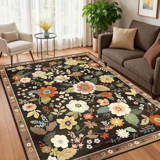 Floral 4x6 Area Rug Machine Washable Soft Print Boho Carpet Non Slip Doormat Low Pile Flower Area Rugs for Living Room Bedroom Nursery Kitchen Dining Room Indoor-Black/Yellow/Red