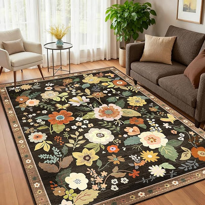 Floral 4x6 Area Rug Machine Washable Soft Print Boho Carpet Non Slip Doormat Low Pile Flower Area Rugs for Living Room Bedroom Nursery Kitchen Dining Room Indoor-Black/Yellow/Red