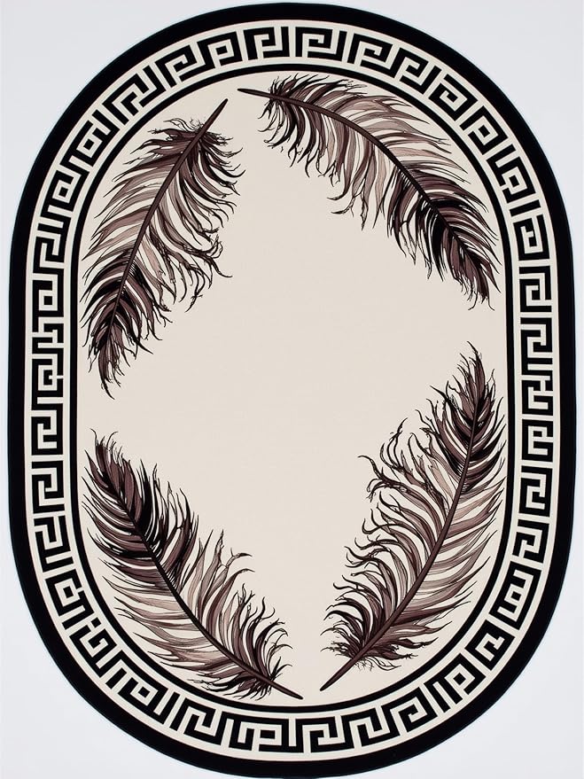 Light Beige Tan Black Greek Key Pattern Bordered Large Rugs for Living Room Bedroom Dining Room Machine Washable Non Skid Soft Area Rug 5x7 Nursery Dorm Guestroom Minimalist Oval Floor Mats Carpet