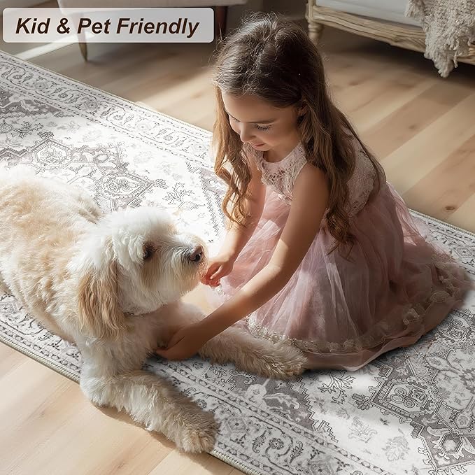 XWZO Entryway Area Rug 2x3ft — Soft Vintage Low Pile Non-Slip Backing Door Floor Mat for Bedroom Bathroom Kitchen Laundry, Spill Resistant Washable Small Indoor Carpet for Doorway & Entrance, Grey