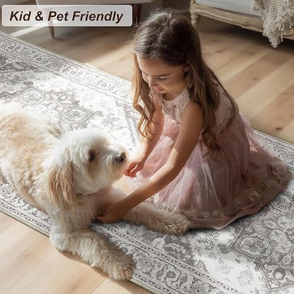 XWZO Runner Rug 2x10ft for Long Hallways, Washable Non-Slip Low Pile Area Rug with Rubber Backing, Spill Resistant Soft Vintage Floor Carpet for Kitchen Entryway Stair Landing Living Room, Grey