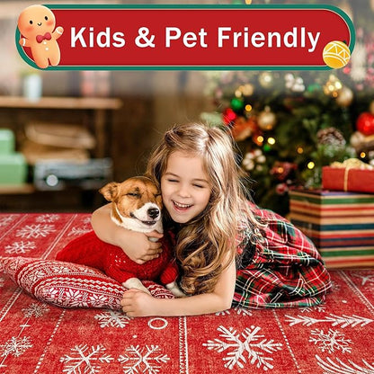 Christmas Area Rug 8x10 Living Room Rugs, Machine Washable Boho Christmas Tree Snowflake Rug Non-Slip Soft Low Pile Holiday Indoor Rugs for Bedroom Kitchen Dining Room Office(Xmas Red, 8'x10')