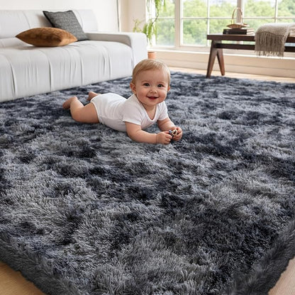 5x7 Area Rugs for Living Room Bedroom, Soft Fluffy Shaggy Bedside Rug, Indoor Floor Carpet for Kids Playroom, Dorms, Nursery Rooms, Home Decor (Tie-Dyed Dark Grey 5'x7')