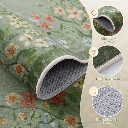 Wonnitar Washable Area Rug 6x9, Green Floral Living Room Rugs, Non-Slip Soft Dining Room Table Rug, Botanical Bedroom Rug Floor Carpet for Mud Room Basement (Green,6'x9')