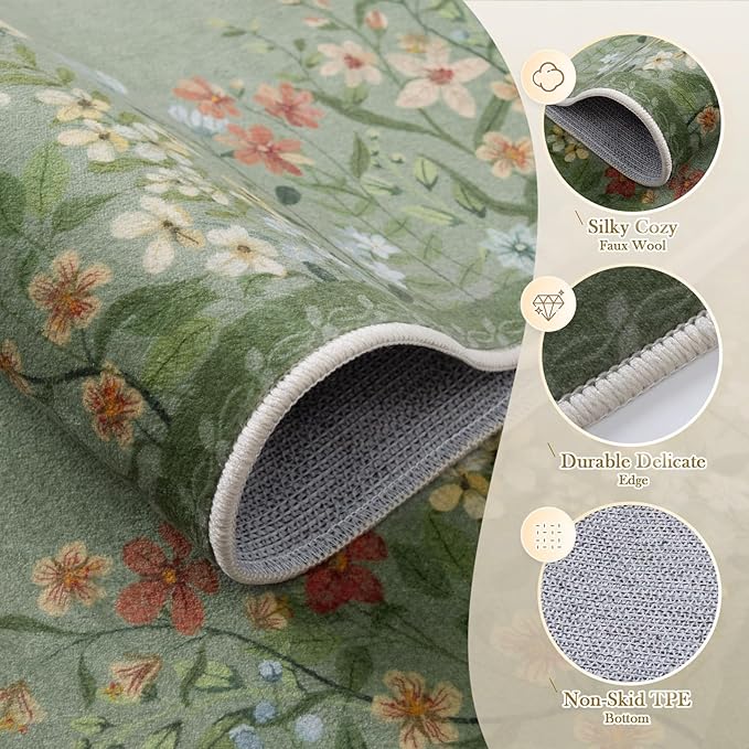 Wonnitar 2x6 Runner Rug for Hallways, Green Floral Bathroom Rugs Non Slip Washable Kitchen Runner, Low Pile Soft Botanical Runner for Girls Bedroom Laundry Room Bedside (Green,2'x6')