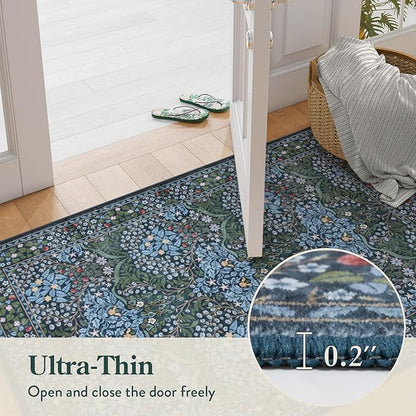 Lahome Floral Washable Kitchen Runner Rug, 2x6 Runners for Hallways Non Slip Ultra-Thin, Boho Soft Hallway Rug Forest Blue Carpet for Bedroom Bathroom Laundry Room, Blue
