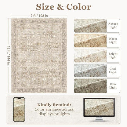 Vintage Neutral Large Area Rugs 9x12 for Living Room, Earth Tone Beige Taupe Big Room Carpet Rug for Bedroom Dining Room, Washable Rug with Rubber Backing Low Pile Thin Soft for Family Room