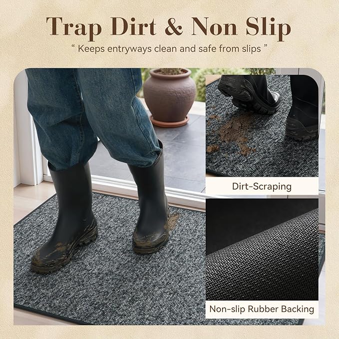 MontVoo Door Mat Indoor Entrance Doormat, Absorbent Durable Rubber Non Slip Front Door Mat for Inside Entry Entryway Dirt Trapper Welcome Mat, Darkgrey 17''x30''