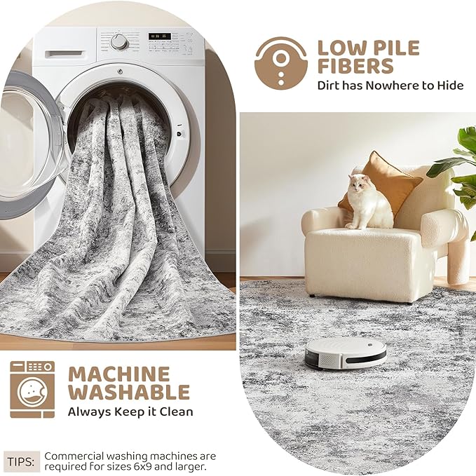 3X8 Washable Runner Rug for Hallway: Soft Neutral Modern Abstract Area Rug - Non-Slip Low Pile Long Throw Indoor Carpet for Kitchen Entryway Kitchen Bedroom Laundry Bathroom - Grey