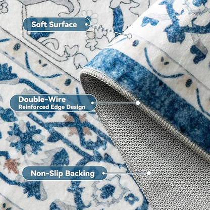 EnHomee 8x10 Area Rugs Washable for Bedroom, Boho Vintage Rugs, Foldable Area Rug for Dining Room, Non-Slip Soft Living Room Rug, Low Pile Large Carpet for Bathroom, Blue and White
