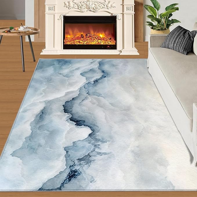 Modern Simple Art Rugs for Bedroom - 3x5 Area Rug - 3D Cloud Marble Rugs for Living Room, Abstract Mist Marble Rug, Washable Home Decor Carpet
