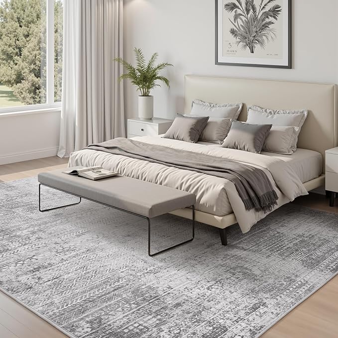 5x7 Area Rugs for Living Room Non Slip Machine Washable Rug Distressed Abstract Soft Indoor Carpet Neutral Boho Rug for Bedroom Dining Room Playroom Office, Grey