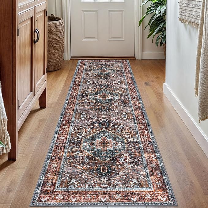 KOZYFLY Runners for Hallways 2x7 Ft Washable Kitchen Runner Rug Boho Runner Rug for Entryway Indoor Printed Oriental Faux Wool Floor Carpet Runner for Bedroom Kitchen Hall, Brick Red/Orange/Green