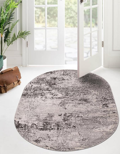 Rugs.com Leipzig Collection Rug – 5x8 Oval Gray Low-Pile Rug Perfect for Living Rooms, Large Dining Rooms, Open Floorplans