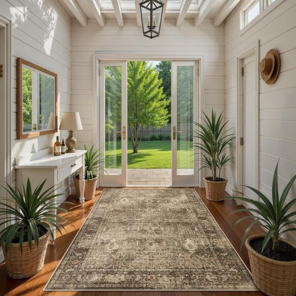 Lahome Vintage 5x7 Washable Brown Rugs for Living Room Bedroom, Soft Dining Room Rugs for Under Table, Non Slip Indoor Throw Carpet for Entryway Kitchen Office (5x7ft,Brown)