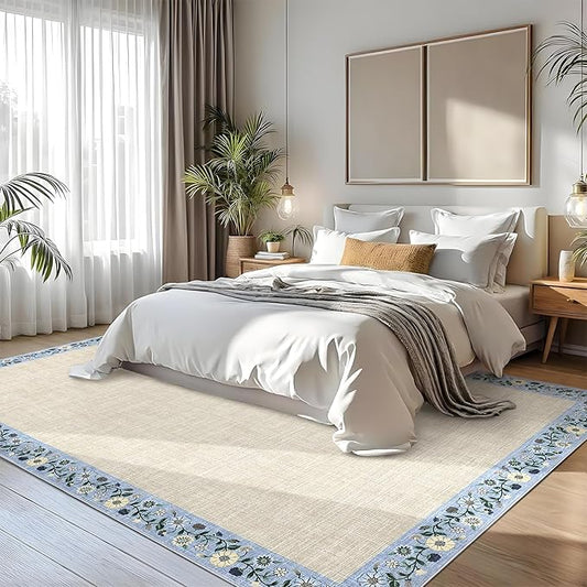 GarveeHome Washable Area Rugs for Bedroom 5x7 Living Room Modern Floral Throw Rugs Non-Slip Lightweight Thin Carpet Modern Farmhouse Print Non-Shedding Soft Low Pile Floor Cover, Beige