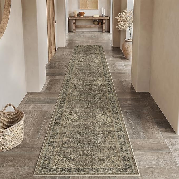 2x12 Washable Brown Runner Rug Vintage Hallway Kitchen Carpet Non-Slip Soft Low Pile Distressed Throw Rug for Bedroom Bathroom Laundry Living Room