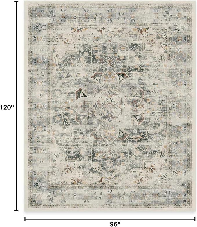 RUGGABLE Washable Vintage Area Rug – Sarrah Sage 8x10, Stain-Resistant, Non-Slip – Large Machine Washable Rugs for Living Room, Bedroom, Hallway, Entryway & Office–with Standard Pad