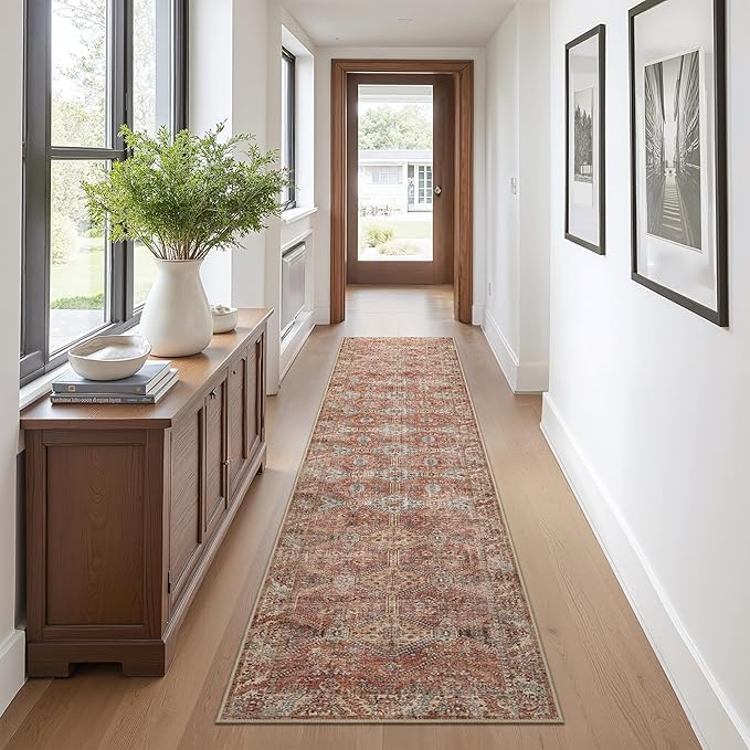 Bavni 2x10 Runner Rug Non Slip, Machine Washable Rug Runners for Hallways, Vintage Distressed Print Kitchen Runners, Low Pile Lightweight Carpet Runner for Entryway Laundry Bedroom Bathroom Spice Sky