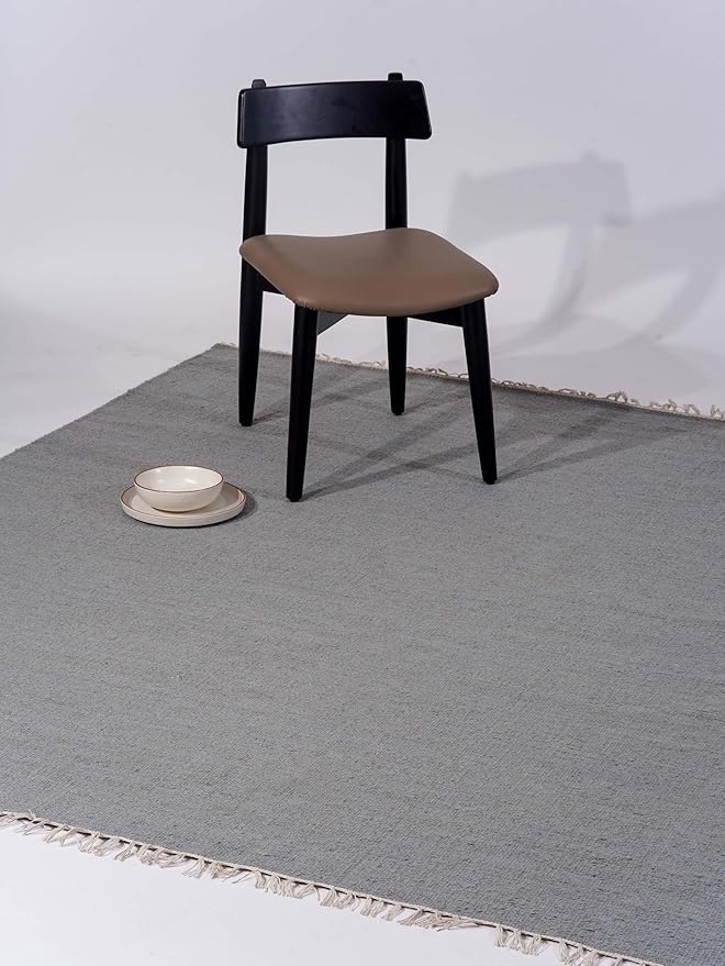 Rugsotic Carpets Hand Woven Flat Weave Kilim Wool ECO-Friendly Area Rugs - 8'x8', Square Shape, Silver Color, Solid Plain Design, Low Pile Handmade Area Rugs for Living Room, Bed Room (D00111)