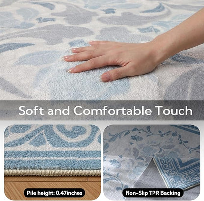 SOULFUL Medium Pile 3x5 Area Rug - Cozy Soft Underfoot Small Entryway Rug - Mist Blue Boho Floral - Washable Non-Slip - Perfect for Living Room Bedroom Foot Kids Room Reading Nook