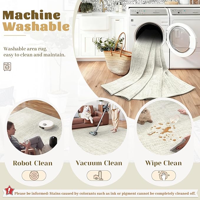 6x9 Area Rugs for Living Room, Washable Large Area Rug Neutral Modern Abstract Bedroom Rug Soft Non Slip Low Pile Stain Resistant Indoor Carpet for Nursery Kids Dining Room Office(Beige, 6'x9')
